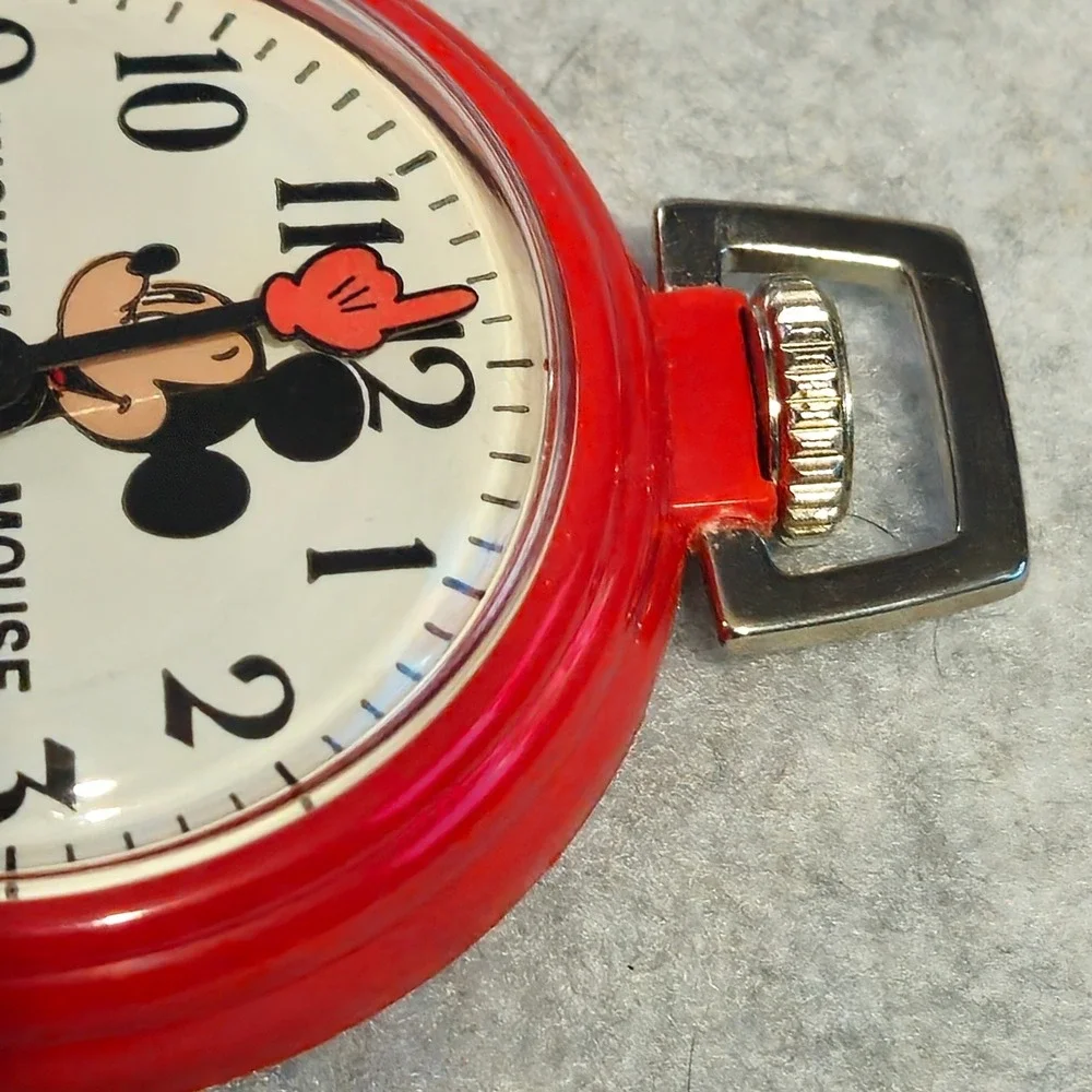 BRADLEY Mickey Mouse Pocket Watch Vintage 1970s Red Original Box Parts Repair